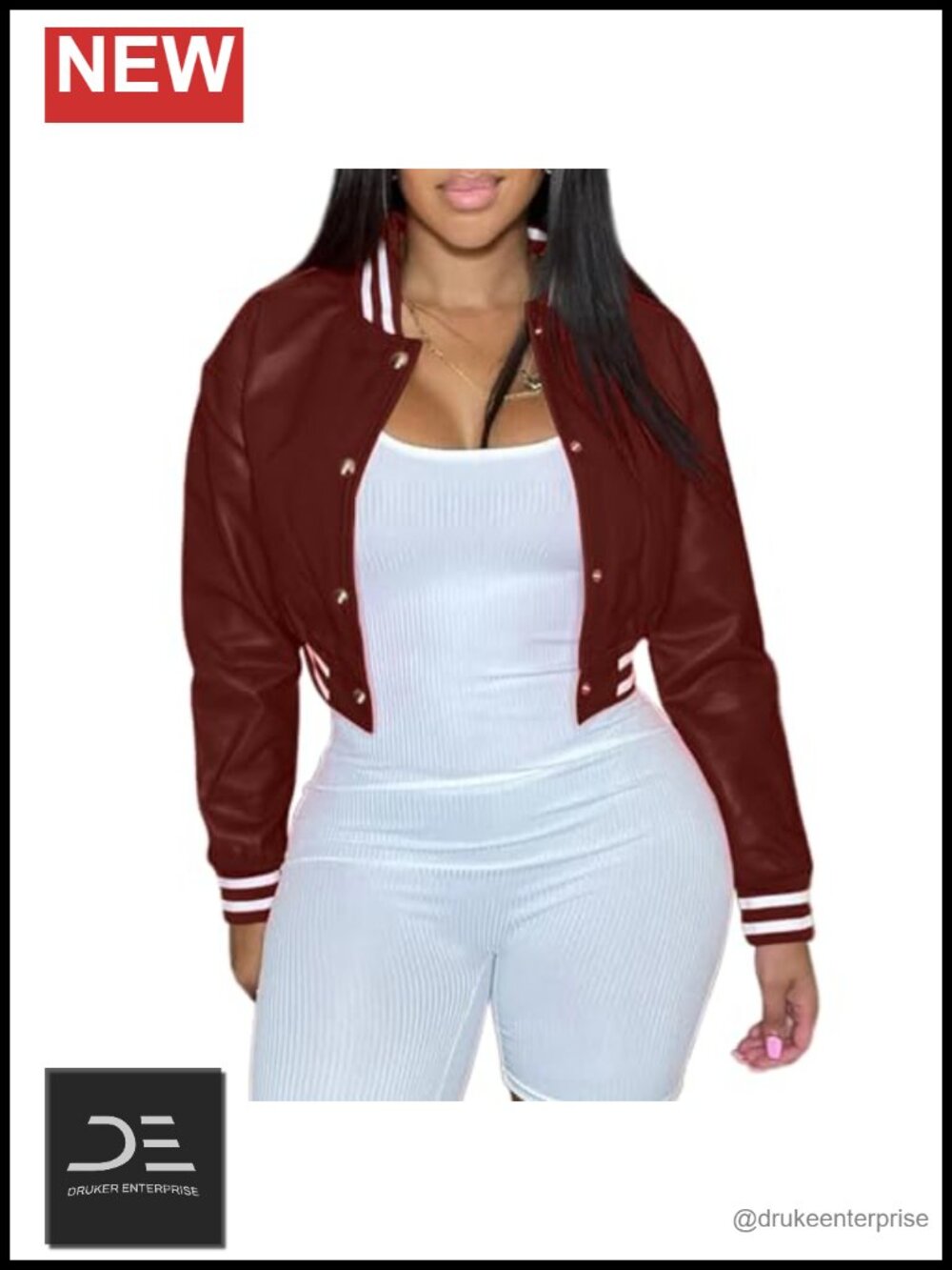 Faux Leather Cropped Varsity Bomber Jacket Snap Button